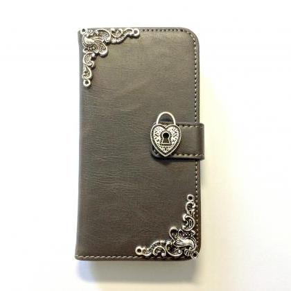 Heart Lock Iphone 6 6s 4.7 Grey Leather Wallet..