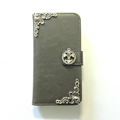 Fleur De Lis Iphone 6 6s 4.7 Grey Leather Wallet..