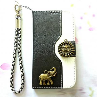 Sun Elephant iphone 6 4.7 leather wallet case, Vintage iphone 6 plus leather wallet case, iphone 5c, 5, 5s leather wallet case, samsung galaxy S3, S4, S5, S6, S6 Edge, Note 3, Note 4, Note 4 Edge leather wallet case, black white leather phone wallet, item no.109
