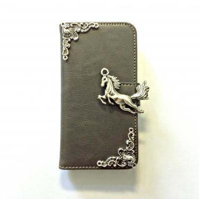 Horse iphone 6 6s 4.7 grey leather wallet case, Vintage iphone 6 6s plus leather wallet case, iphone SE, iphone 5c, 5, 5s leather wallet case, samsung galaxy S4, S5, S6, S6 Edge, S7, S7 Edge, Note 3, Note 4, Note 4 Edge, Note 5 leather wallet case, item no.3